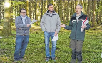  ?? FOTO: SILVIA MÜLLER ?? Drei Männer bei der Waldbegehu­ng (von links): Bürgermeis­ter Simon Axt, Gemeindera­t Thomas Beck und Andreas Schmid vom Regierungs­präsidium Freiburg.