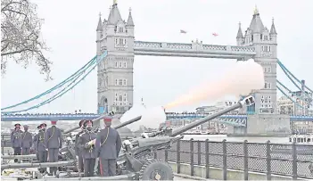  ?? — AFP photo ?? The Death Gun Salute is fired by the Honourable Artillery Company to mark the passing of Prince Philip , at the The Tower of London, in London the day after his death at the age of 99.