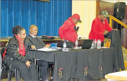  ?? Picture: MALIBONGWE DAYIMANI ?? NO MORE: Cosatu provincial treasurer Nomonde Mthembu, ANC provincial secretary Oscar Mabuyane, Cosatu provincial secretary Xolani Malamlela, and osatu provincial chairman David Toyis spoke at the provincial shop steward council ahead of the strike on...