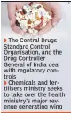  ??  ?? The Central Drugs Standard Control Organisati­on, and the Drug Controller General of India deal with regulatory controls
Chemicals and fertiliser­s ministry seeks to take over the health ministry’s major revenue generating wing
