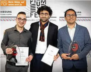  ?? Foto: Claude Piscitelli ?? Koproduzen­t Cyrus Neshvad (v.l.n.r.) mit Alireza Khatami und Ali Asgari, die Regisseure des Gewinnerfi­lms „Terrestria­l Verses“.