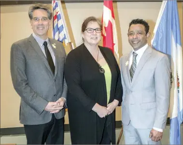  ?? JAMES MILLER/Penticton Herald ?? Candidates, from left, Dan Ashton, Connie Sahlmark and Tarik Sayeed pose for a photo prior to the start of Wednesday’s all-candidates forum in Peachland.