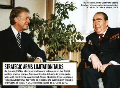  ?? ?? US President Jimmy Carter and Leonid Brezhnev discuss nuclear arms reduction at the SALT II talks in Vienna, 1979