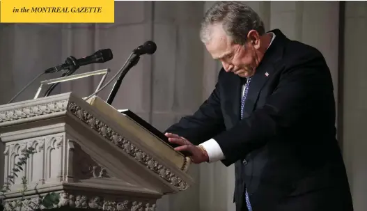  ?? ALEX BRANDON / POOL VIA BLOOMBERG ?? Former U.S. president George W. Bush is briefly overcome with emotion during his eulogy for his father, former president George H.W. Bush, in Washington on Wednesday.