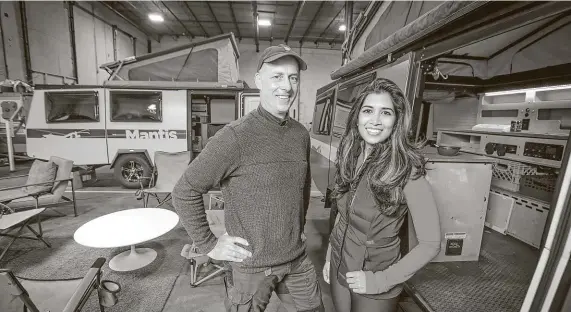  ?? Steve Gonzales / Staff photograph­er ?? Taxa Outdoors founder and CEO Garrett Finney, a former NASA senior architect, and Divya Brown, president, are settling into the 69,356-square-foot headquarte­rs at 7930 Blankenshi­p Drive after seeing an exponentia­l surge in unit orders.