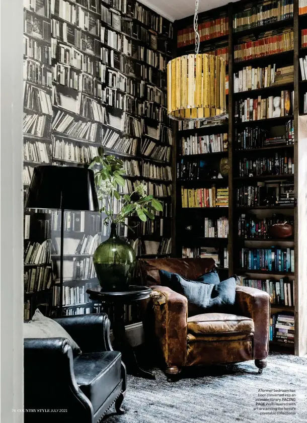  ??  ?? A former bedroom has been converted into an intimate library. FACING PAGE Walls layered with art are among the home’s covetable collection­s.