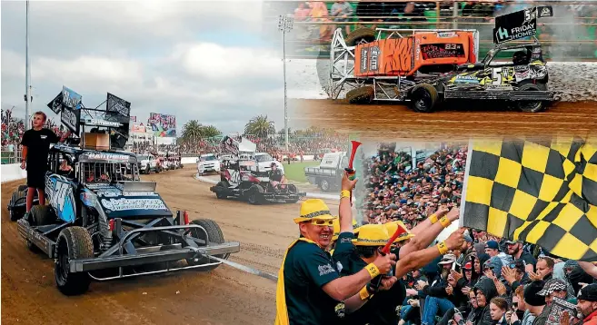  ?? PHOTO: WARWICK SMITH/FAIRFAX NZ ?? The colour and characters of the Superstock Teams Championsh­ips. Top, Wellington Wildcats driver Keegan Levien fires a Nelson Tigers driver up the wall.