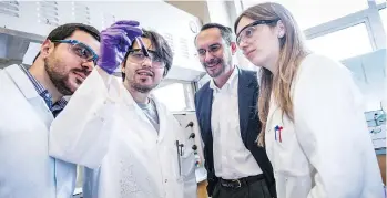  ?? PAUL JOSEPH ?? From left, Kaveh Matinkhoo, Mihajlo Todorovic, David Perrin and Alla Pryyma are part of a team that synthesize­d a mushroom toxin with cancer-fighting potential. The toxin cured 60 per cent of mice.