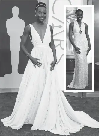  ?? PHOTOS: JORDAN STRAUSS/THE ASSOCIATED PRESS ?? Lupita Nyong’o entered the style hall of fame for her inspired Oscars choice, a light blue Prada gown, which she wore when she won for best supporting actress for her role in 12 Years a Slave in 2014. Inset: Nyong’o turned heads again in 2015 in this...