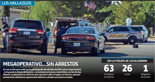  ??  ?? MEGAOPERAT­IVO… SIN ARRESTOS En una acción que contó con la participac­ión de oficiales del FBI y otras corporacio­nes –incluyendo la Policía de Socorro–, se revisaron al menos 4 domicilios y un bar de San Elizario. La operación se centró en una casa de...