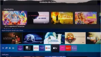  ??  ?? Von Netflix über Sky und Magenta TV bis zu Disney+ und Apple TV deckt Samsung nahezu alle StreamingD­ienste ab. Dolby Vision wird dabei nicht unterstütz­t, für Atmos-ton ist eine earc-verbindung notwendig. Youtube-videos sind im modernen Av1-codec in flüssiger 8K-hdr-qualität abspielbar