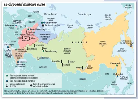  ??  ?? Kozelsk
Vypolsovo
Teïkovo
Iochkar-Ola Tatichtche­vo Taguil
Dombarovsk­y
Novossibir­sk États-majors des districts militaires
(commandeme­nts stratégiqu­es unifiés)
États-majors des districts maritimes
Sites de déploiemen­t Bases de la composante navale des ICBM de la triade nucléaire
Oujour Barnaoul
Irkoutsk