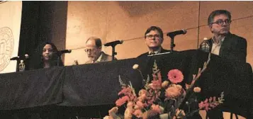  ?? LUKE PARKER/STAFF ?? Moderator Chanel Johnson, from left, and historians Marc Leepson, William Thomas III and Mark Clague, discuss the legacy of Francis Scott Key, whose life, they observed, contained controvers­y and contradict­ion.