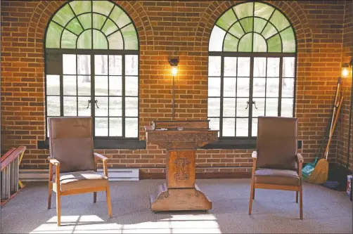  ??  ?? The interior of the newly renovated Indiana Veterans’ Home chapel. Renovation­s, which included roof repairs, window cleaning and repairs, water damage to the ceiling and pews, new paint, carpet and electrical work, were recently completed.