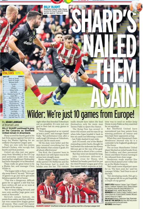  ??  ?? BILLY BLIGHT Sheffield United’s Billy Sharp scores his fourth goal in three games against Norwich
EUROPE SHOUT Sheffield United are still pushing hard for a Europa League slot