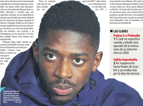  ?? FOTO: GETTY ?? Ousmane Dembélé (24 años) vuelve a vivir la cara más amarga del fútbol con su undécima lesión desde que llegó al Barça