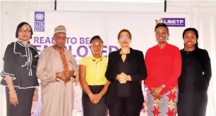  ??  ?? From left: General Manager, ArcSkills, Bolodeoku Ebunoluwa; Senior General Manager, Human Resources, Dangote Group, Alhaji Umar Hamza; Lagos State Employment Trust Fund (LSETF) Employabil­ity Support Project Trainee, Oyedeji Oluwaseun; Group Chief...