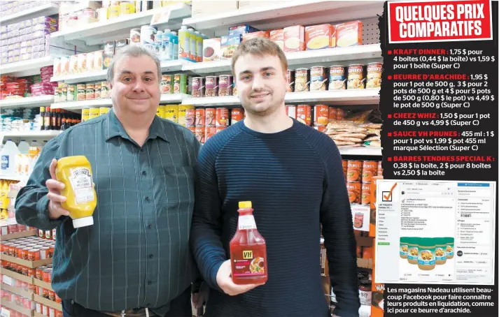  ?? PHOTO CAROLINE LEPAGE ?? Les magasins Nadeau utilisent beaucoup Facebook pour faire connaître leurs produits en liquidatio­n, comme ici pour ce beurre d’arachide. Luc Nadeau et son fils Gabriel Nadeau montrent de la moutarde et de la sauce VH qu’ils vendent même si la date de...