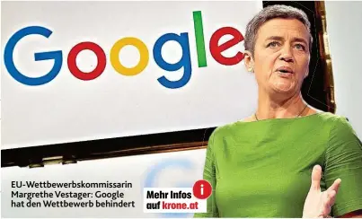  ??  ?? EU- Wettbewerb­skommissar­in Margrethe Vestager: Google hat den Wettbewerb behindert