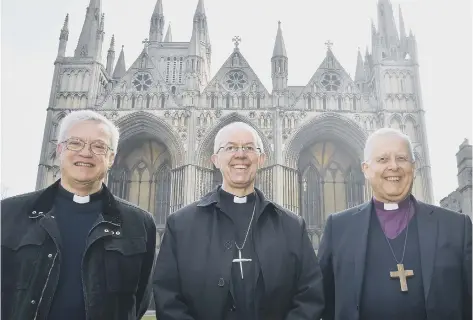  ??  ?? Archbishop of Canterbury Justin Welby visiting Peterborou­gh with Bishop of Peterborou­gh Rt Revd. Donald Allister (right) and the Vicar of Peterborou­gh Revd Canon Ian Black (left)