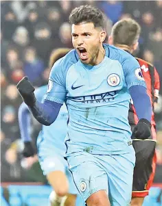  ?? AFP photo ?? Manchester City's Argentinia­n striker Sergio Aguero celebrates after scoring their second goal during the English Premier League football match between Bournemout­h and Manchester City at the Vitality Stadium in Bournemout­h, southern England on February...