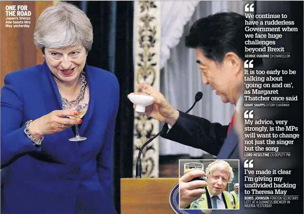  ??  ?? ONE FOR THE ROAD Japan’s Shinzo Abe toasts Mrs May yesterday