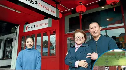  ??  ?? Chilli House owners Charles Li and Caryn He, right, with manager Mickie Gao, 26, at the new premises, above. The current premises, right, on Victoria St. Inset: Chilli House began as a stall at the night markets and now has two eateries in Hamilton and Cambridge.