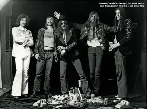  ??  ?? Hawkwind’s early 70s line-up (L-R): Simon House, Dave Brock, Lemmy, Nick Turner and Simon King