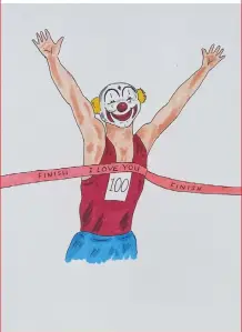 ??  ?? FINISH LINE CLOWN
“There’s lots of people on my list to receive a daily clown, and I think it’s helped some people. They’ve told me that it’s something they look forward to every day, and when I told them I was stopping they were like, ‘Noooo!’”