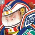  ??  ?? 1. Yom en plein boulot, en train de « piquer » un client. 2. Hommage au pilote australien, Wayne Gardner.
3. Barry Sheene (et sa Suzuki RG 500) représenté sous les traits d’un personnage d’estampe mais toujours avec la cigarette au bec !