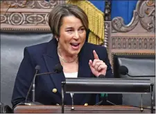  ?? CHRIS CHRISTO/BOSTON HERALD ?? Gov. Maura Healey delivers her first State of the Commonweal­th Address last week in the House chamber.