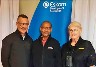  ??  ?? Pastor Alan Spies (left) and Griffiths Alberts, directors of the AOD Foundation, with Liz Dekker of Eskom’s Social &amp; Economic Developmen­t.