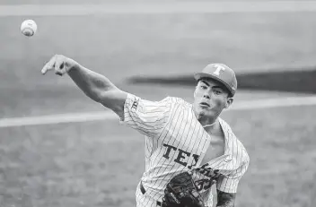  ?? Photos by Eric Gay / Associated Press ?? Tristan Stevens had a strong NCAA Tournament debut, striking out six and allowing four hits while walking none over seven scoreless innings. He also got a boost from plenty of Texas offense against Southern.