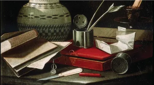  ??  ?? Cristoforo Monari’s Still Lifewith Writing Implements (late 17th/early 18th century). Europe’s intellectu­al revolution was built upon the ‘Republic of Letters’, a virtual community that enabled scientists to share ideas with like-minded thinkers across...