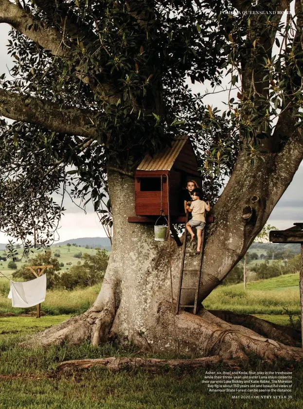  ??  ?? Asher, six, (top) and Koda, four, play in the treehouse while their three-year-old sister Luna stays closer to their parents Luke Bickley and Katie Robke. The Moreton Bay fig is about 150 years old and beautiful views of Amamoor State Forest can be seen in the distance.