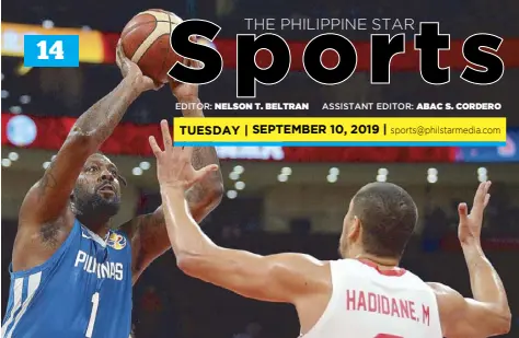  ?? AFP ?? Andray Blatche of Gilas (left) takes a shot over Tunisia’s Mohamed Hadidane in their Group N classifica­tion match in Beijing last Friday. Tunisia won the contest, 86-67.