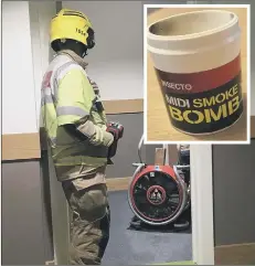  ??  ?? ACTION Firefighte­rs from Cosham pictured using a fan to clear the haze left after an insecticid­e smoke bomb was used in a flat in Hilsea. Inset: the spent bottle of insecticid­e.