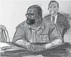  ?? ELIZABETH WILLIAMS/AP ?? R. Kelly, as seen in a courtroom sketch Wednesday, was convicted after a Brooklyn federal court jury heard evidence the artist used his entourage to meet girls and keep them obedient.