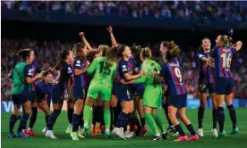  ?? ?? Barcelona’s players celebrate at the final whistle after their second leg draw with Chelsea secured a third Women’s Champions League final in succession. Photograph: Quality Sport Images/Getty Images