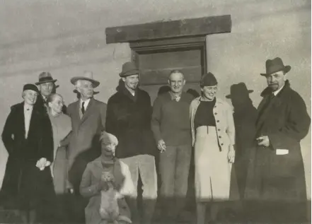  ??  ?? 2. Members of the Transcende­ntal Painting Group and friends, photograph­ed in Taos, New Mexico, in November 1938. From left to right: Bess Harris, R.S. Horton, Mayrion Bisttram’s mother, Lawren Harris, Mayrion Bisttram, Robert Gribbroek, Emil Bisttram, Isabel McLaughlin, Raymond Jonson