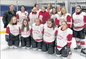  ?? SUEANN MUSICK/THE NEWS ?? The girls hockey team at Pictou Academy. In front from left are: Thea Waller, Carly Smith, Biancia Bourgeois, Cassie Clarke and MacKenzie Ells. In back from left are: coach Jim Sloan, Marie Arai, Kari Waller, Leigha MacDonald, Hayley Nichol, Jenny...