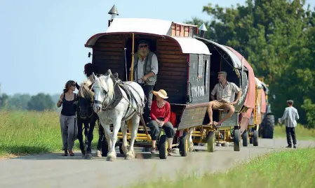  ??  ?? Insieme Nella foto grande un pezzo della carovana trainata da cavalli con la quale si sposta la compagnia del Cirque Bidon composto da 15 artisti a destra la pista degli spettacoli e il fondatore François Rauline