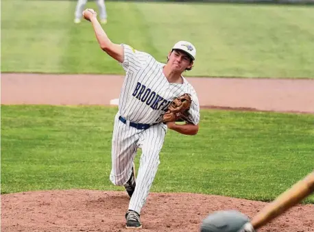  ?? Pete Paguaga/Hearst Connecticu­t Media ?? Brookfield’s Matthew McDowell pitches during the Class L baseball semifinals against Notre Dame-West Haven Tuesday at Palmer Field in Middletown.