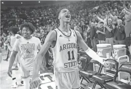  ??  ?? ASU's Alonzo Verge (11) celebrates Thursday night’s win over No. 14 Oregon at Wells Fargo Arena in Tempe.