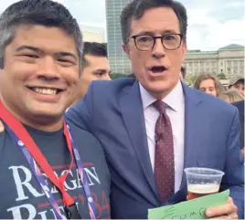  ??  ?? Palatine GOP leader Aaron Del Mar ( left) poses with late night TV host Stephen Colbert at the Republican National Convention.