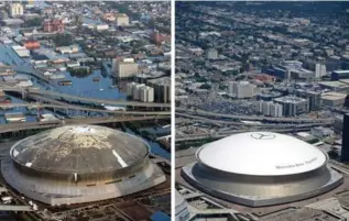  ?? DAVID J. PHILLIP, GERALD HERBERT, THE ASSOCIATED PRESS ?? This combinatio­n of Aug. 30, 2005, left, and current aerial photos shows downtown New Orleans and the Superdome flooded by Hurricane Katrina, left, and the same area a decade later.