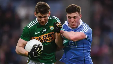  ??  ?? Éanna Ó Conchúir of Kerry in action against Andrew McGowan of Dublin during the Allianz Football League Division 1 Round 5 match between Dublin and Kerry at Croke Park Photo by Stephen McCarthy/Sportsfile