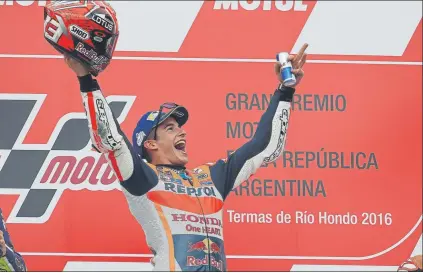  ?? FOTO: REPSOLMEDI­A ?? Marc Márquez, dos victorias y dos caídas en sus cuatro carreras en Argentina Honda visita uno de sus circuitos favorables