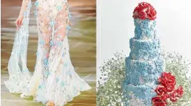  ??  ?? Something blue: Floral-appliquéd dress and multilayer cake adorned with sugar art. At left, the book cover