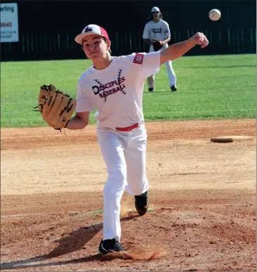  ??  ?? Pitcher Dylan Dyer of the Rossville Baseball Disciples fires toward the plate during a tournament game at Rossville City Park. Dyer and the Disciples won the Dizzy Dean District 1 championsh­ip and will play in the North Georgia State Tournament...